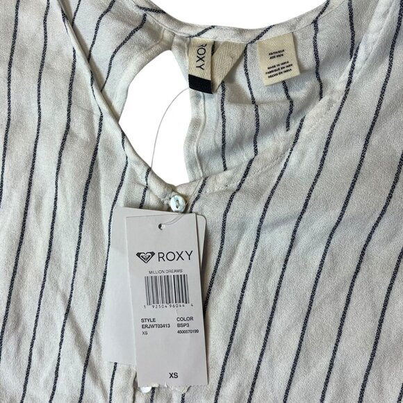 Roxy Shirt Women's XS White Stripe Short Sleeve Button Up Open Back Tie Beachy - Picture 2 of 9